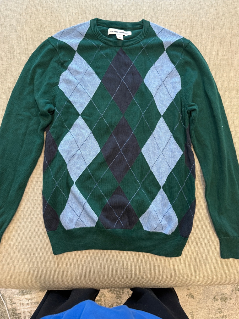 Amazon Essentials Men’s Green Argyle Sweater Size Small